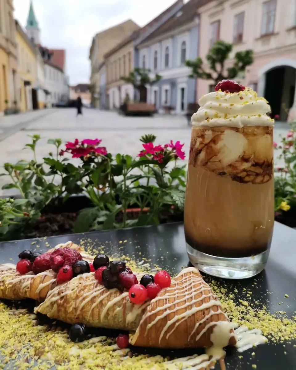 Dvije palačinke s voćem i ledena kava na terasi