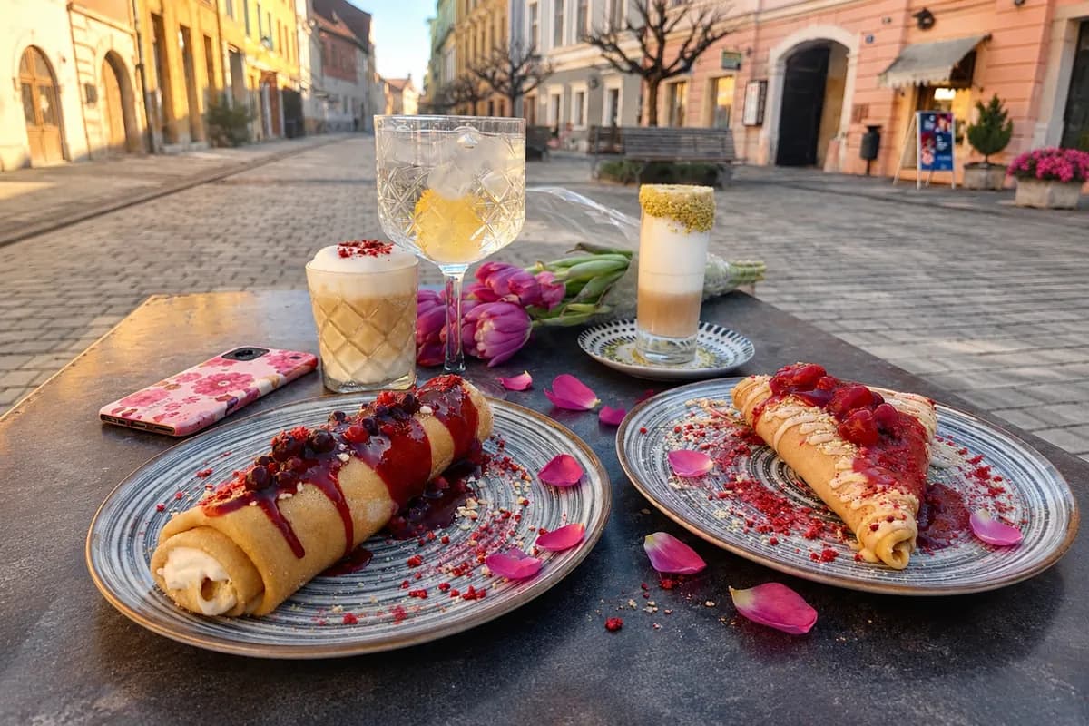 Dvije palačinke za Valentinovo, ukrašene laticama ruže